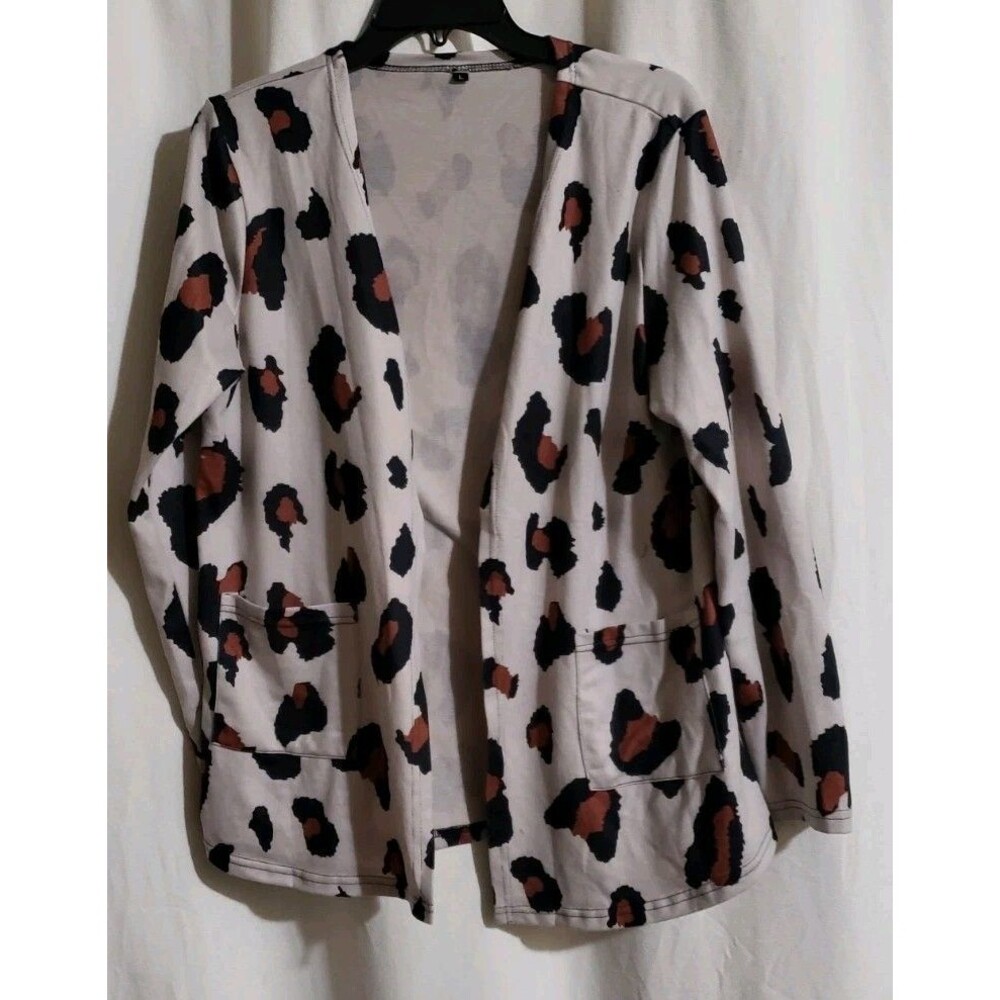 Women's Large Leopard Print Open Front Cardigan Beige Black Stretch Pockets